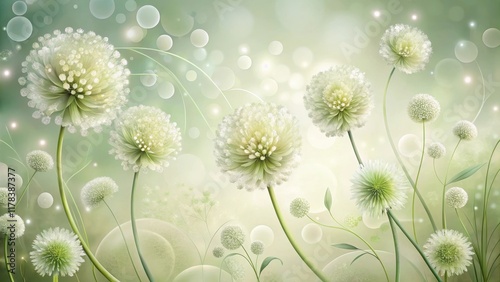 Serene Meadow of Delicate Pale Green Flowers with Soft Lighting and Gentle Bubbles