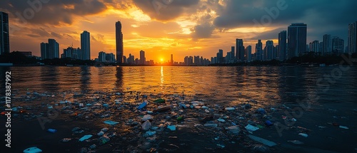 Stunning sunset cityscape with plastic pollution on the water, juxtaposing urban beauty with the environmental reality of plastic waste, detailed and dramatic urban landscape photo