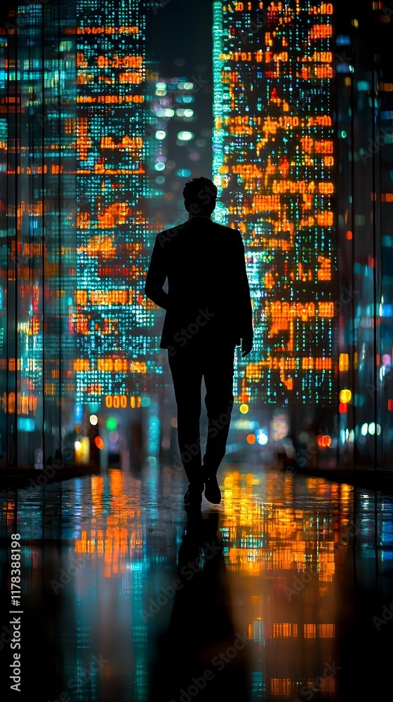 Fototapeta premium Silhouetted Leader Against Digital Data Charts and Upward Trends Representing Business Vision and Goals