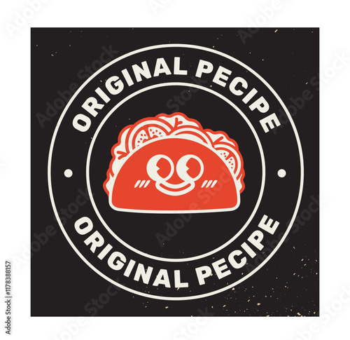 Cute taco with a smiling face in a vibrant retro-style badge design, surrounded by text on a textured black background. Concept of fun food branding. Vector illustration