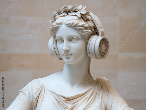 Wallpaper Mural an antique statue made of grey marble with big modern headphones.  Torontodigital.ca