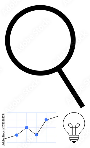 Magnifying glass, upward-trending graph with data points, and lightbulb suggesting research, growth, and ideas. Ideal for analytics, innovation, strategy, data insights creativity problem-solving