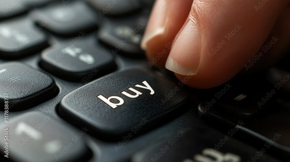 Finger pressing the ?buy? key on a black keyboard for making online purchases. Finger pressing the ?buy? key on a black keyboard for making online purchases.
