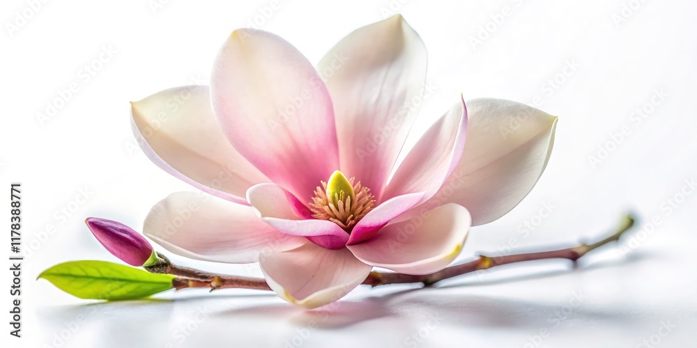 Obraz premium Close-up magnolia blossom, artfully isolated on white. Tilt-shift photography creates a charming miniature world.