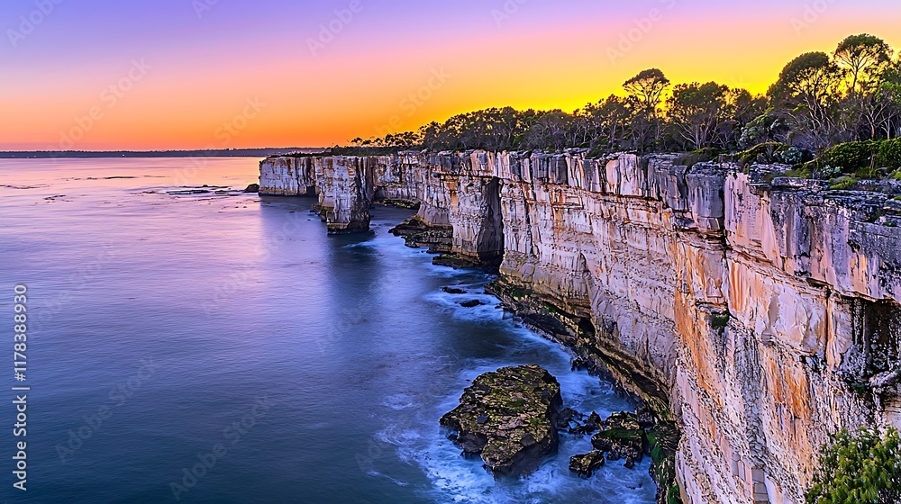 Obraz premium A stunning coastal cliff at sunset, showcasing vibrant colors and serene ocean views.