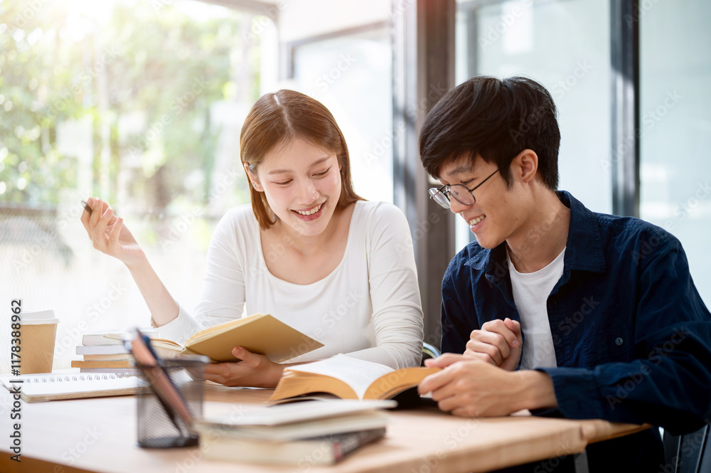 Fototapeta premium Two young Asian college students are studying and preparing for an exam together in a coffee shop.