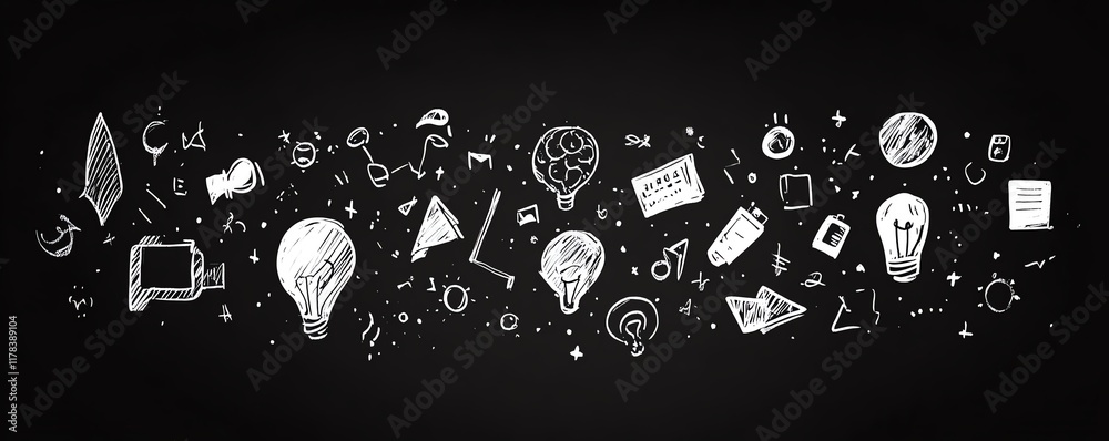 White minimalist doodles in comic style on a black background White minimalist doodles in comic style on a black background