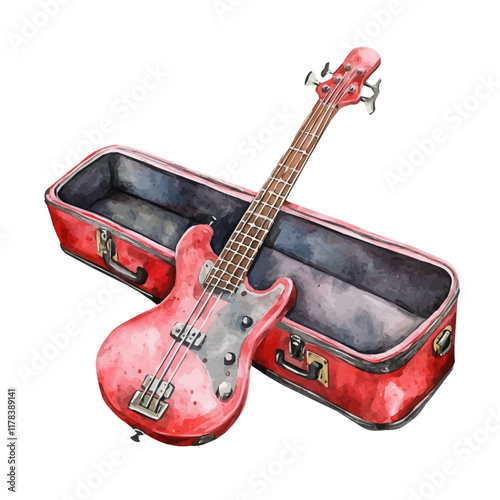 A watercolor of an electric bass case, isolated on a white background. Electric bass case vector.
