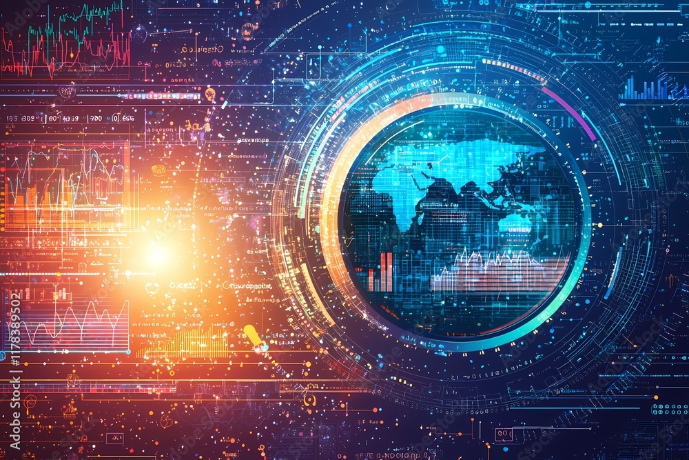 Obraz premium Abstract Data Visualization with Global Map and Technology Elements