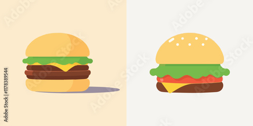 Isolated vector illustrations of classic fast-food meals including cheeseburgers, burgers and fries, and burger and chips