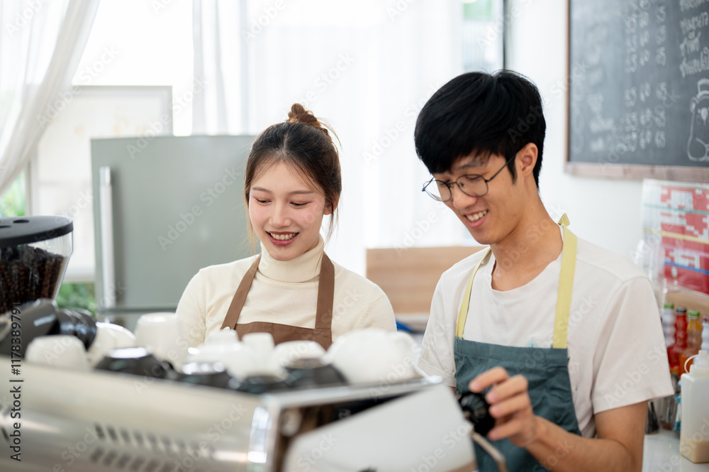 Two friendly and happy Asian coffee shop staff members are preparing coffees to serve to customers. Two friendly and happy Asian coffee shop staff members are preparing coffees to serve to customers.