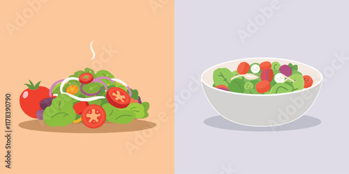 fresh, salad, tomatoes, food, vegetable, healthy, diet, green, vector, illustration, dinner, lunch, lettuce, organic, onion, meal