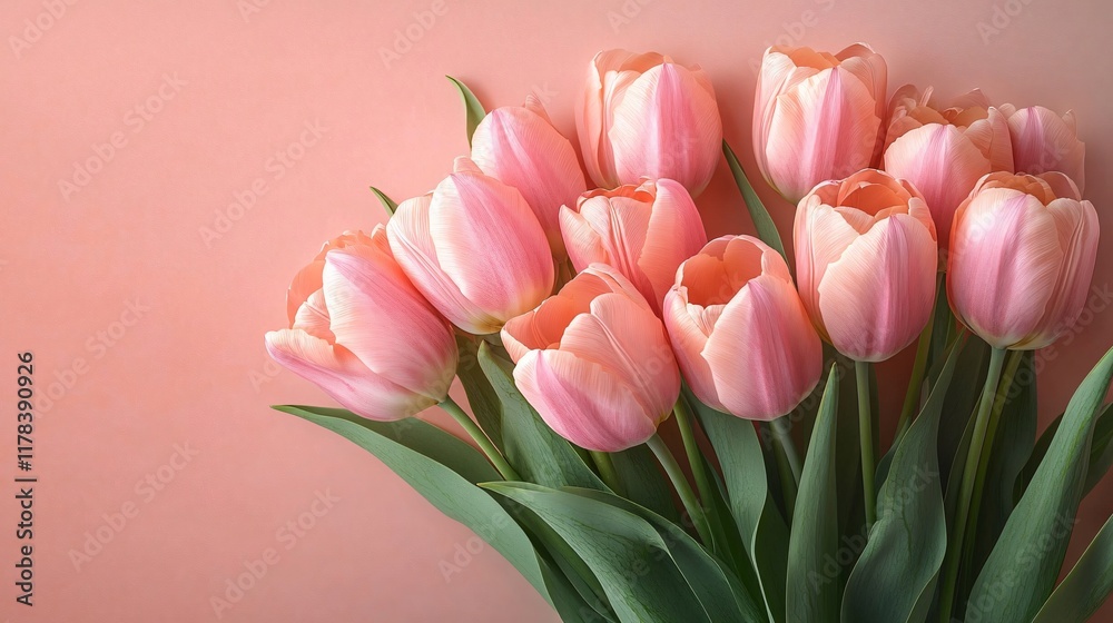 Fototapeta premium A serene bouquet of soft pink tulips against a pastel peach background, perfect for Mother's Day, Women's Day, or spring celebrations.