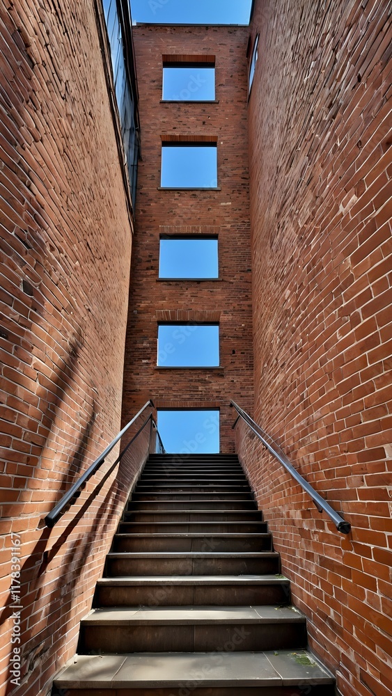 Fototapeta premium Outdoor staircase surrounded by red brick walls and square windows in urban area. Architectural perspective concept 