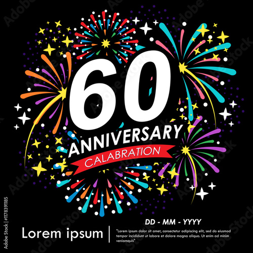 60th years anniversary celebration emblem. anniversary logo isolated with red ribbon, stars and fireworks sparkle twinkle. vector illustration template design for web, flyers, poster, greeting