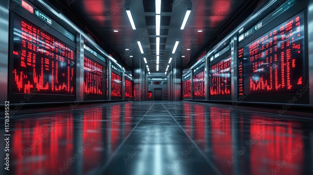Futuristic hall shows red data on screens, with reflections. For tech use. Futuristic hall shows red data on screens, with reflections. For tech use.
