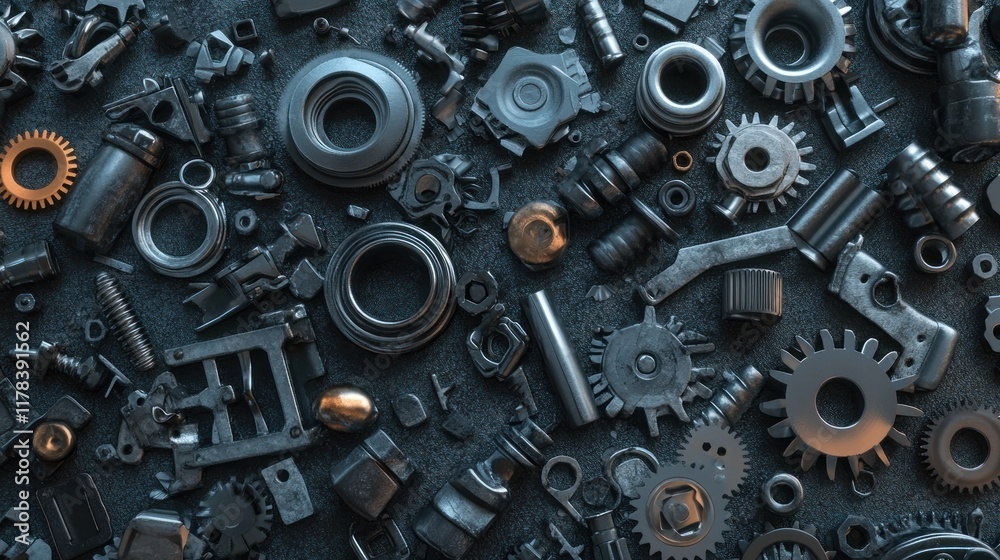Assorted metallic industrial parts and gears scattered on dark surface. Assorted metallic industrial parts and gears scattered on dark surface.
