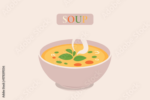 Vector illustrations depict a food palette of healthy meals including soup, breakfast plates, and hot dinner dishes tomatoes, vegetable, basil, chinese food, bowl, cooking, dieting, dinner, food, herb