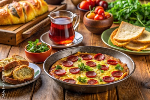 Enjoy a delightful Turkish breakfast: Sahanda Sucuklu Yumurta â€“ omelette, sucuk, bread, tea.
