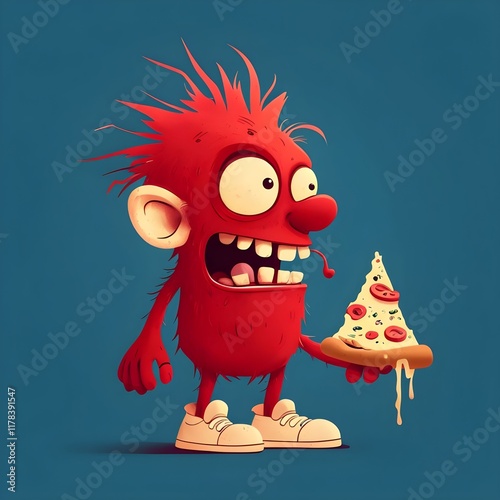 Quirky red monster eagerly clutching a cheesy slice of pizza, blending humor and whimsy in a playful cartoon style.