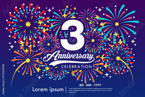 3rd years anniversary celebration emblem. anniversary logo isolated with ribbon, sparkle, twinkle fireworks and stars. vector illustration template design for web, flyers, poster, greeting card