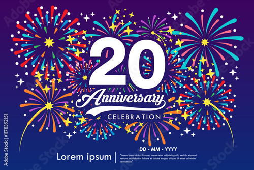 20th years anniversary celebration emblem. anniversary logo isolated with ribbon, sparkle, twinkle fireworks and stars. vector illustration template design for web, flyers, poster, greeting card