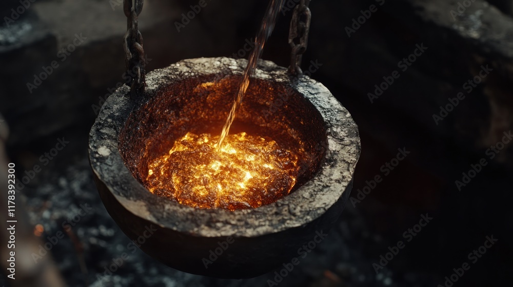 A molten substance is being poured into a dark, glowing crucible, indicating a forging process. A molten substance is being poured into a dark, glowing crucible, indicating a forging process.