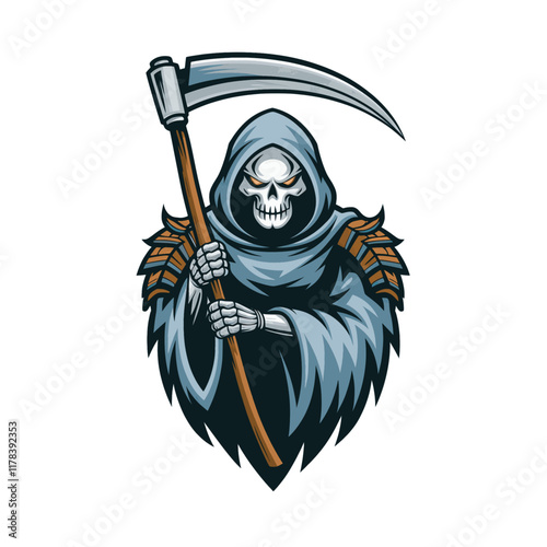 grim reaper logo holding a large scythe design illustration