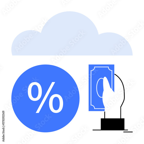 Blue cloud above percentage sign and hand holding money. Ideal for finance technology, cloud services, data analysis, banking, investments, finance management, online transactions. Abstract line flat