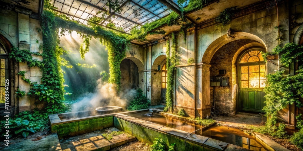 Fototapeta premium Abandoned Spa, Urban Exploration, Steam Room, Mysterious Bath