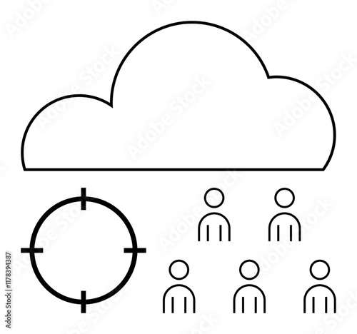 Cloud above five figures, circle with crosshair. Ideal for digital marketing, cloud technology, customer targeting, data analysis, audience segmentation, online campaigns, and user engagement. Line