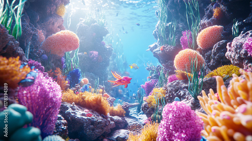 Wallpaper Mural An adventurous underwater race, with marine creatures competing in a vibrant landscape filled with coral obstacles and floating seaweed, creating a sense of excitement.   Torontodigital.ca