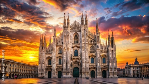 Milan Cathedral glows at sunset, its Gothic spires silhouetted against a vibrant evening sky; a stunning high-resolution image. photo