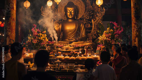 Laba Festival procession at Buddhist temple, devotees present Laba porridge on altar as offering, large Buddha statue decorated with flowers and incense, Ai generated images photo