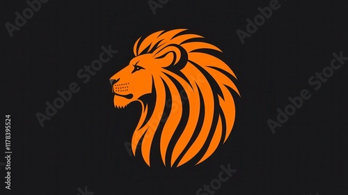 Orange lion head profile, stylized design on black background. photo