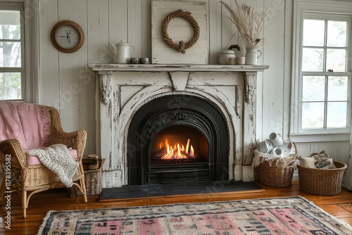 Farmhouse-style living room with whitewashed wood paneling, rustic fireplace, vintage decor, and coastal wall art featuring rope pattern. photo