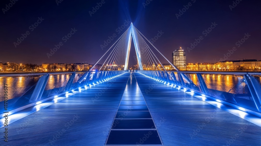 Fototapeta premium Illuminated Bridge at Night Showcasing Modern Architecture and Vibrant Reflections on Water with a Cityscape in the Background