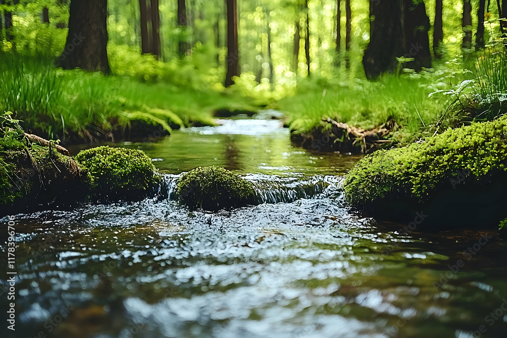 Serene Forest Stream Flows Gently, Mossy Rocks Adorn Banks Serene Forest Stream Flows Gently, Mossy Rocks Adorn Banks