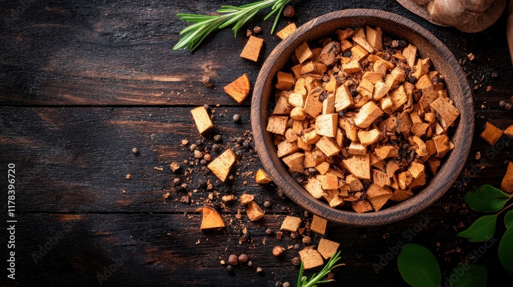 Fototapeta premium Dried pumpkin pieces in a wooden bowl with spices. Perfect for autumn recipes, cooking blogs, or food packaging.