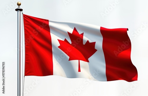 Realistic Canadian flag waving in wind against transparent background. National symbol of Canada. Fluttering maple leaf design. Red, white colors. National pride theme. Ideal for celebrations. photo