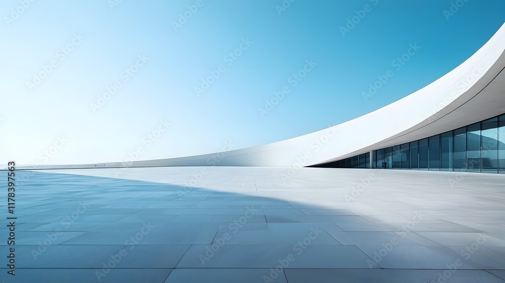 Sleek Modern Architectural Masterpiece Against Clear Blue Sky with Empty Concrete Floor Sleek Modern Architectural Masterpiece Against Clear Blue Sky with Empty Concrete Floor