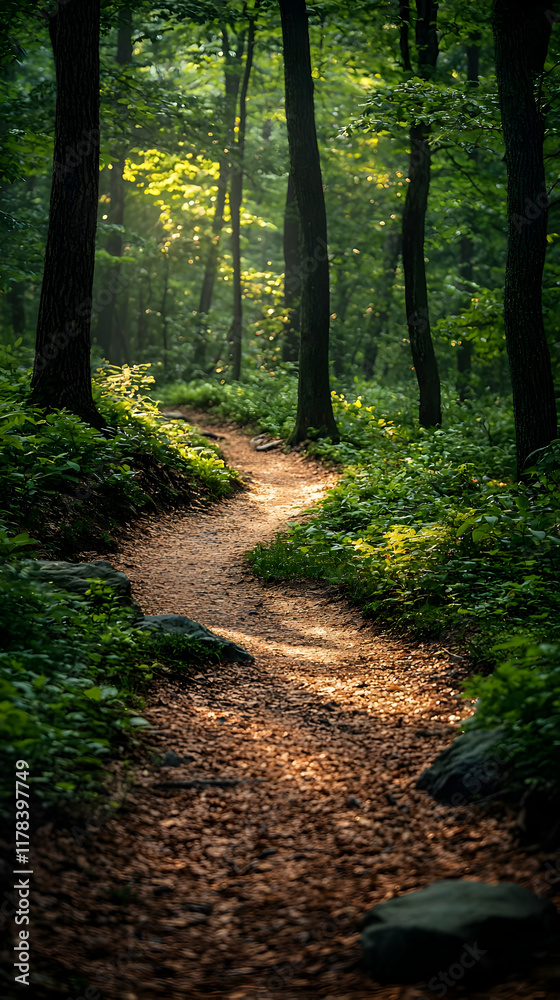 Forest Trail: Sunlight Dapples Path, Winding Through Woods Forest Trail: Sunlight Dapples Path, Winding Through Woods