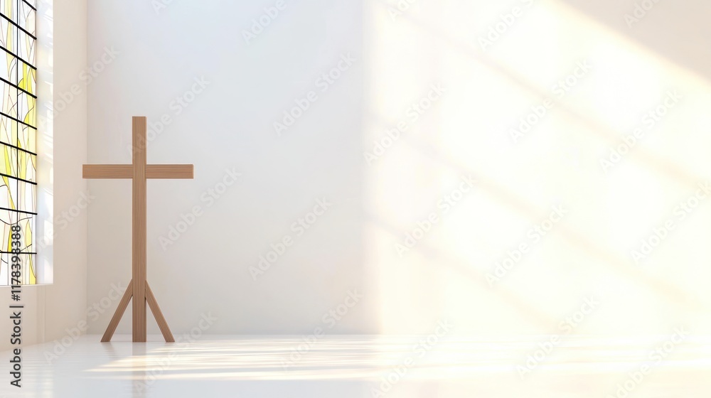 Naklejka premium A serene interior featuring a wooden cross and stained glass window.