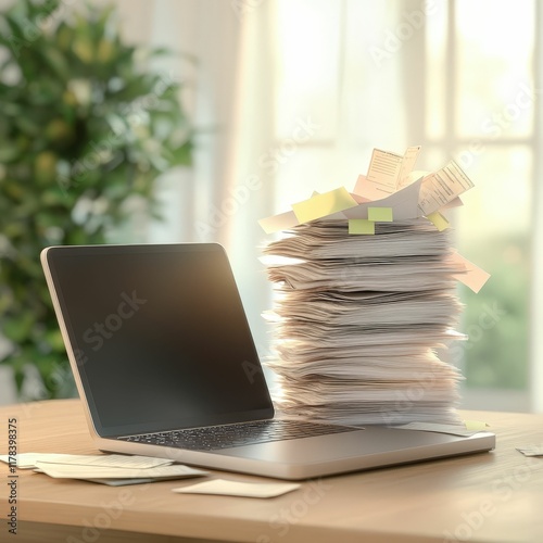 Self-employment tax filing process laptop sticky notes and receipts in a cozy workspace photo