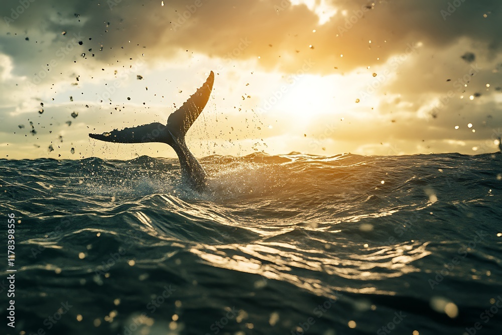 Fototapeta premium Whale's Tail at Golden Hour: A Majestic Ocean Sunset