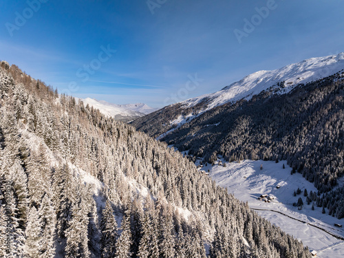 Aerial view of the Winter scenery in the European Alps, Grisons, Switzerland