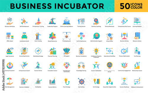 Business Incubator icons set with business workshop, skill development, entrepreneur training, leadership program, online learning platform, training session icon. Simple flat color vector 
