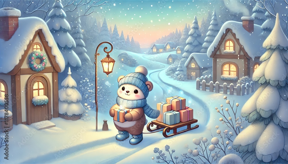Naklejka premium A Cozy Winter Village with a Whimsical Bear Mailman Delivering Magical Parcels Under Falling Snow