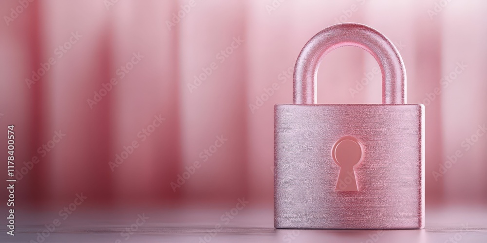 Fototapeta premium A shiny pink padlock stands against a soft pink backdrop, symbolizing security and protection in a modern aesthetic.