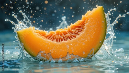 A vibrant slice of cantaloupe splashes into water, showcasing freshness and vitality. photo